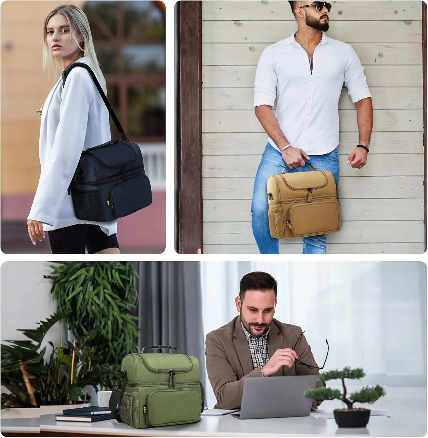 MIER Mens Insulated Lunch Box, Dual Compartment Large Lunch Bag Coolers with Shoulder Strap for Men Women Adult to Office Work, Picnic, Travel, Outdoors, Khaki