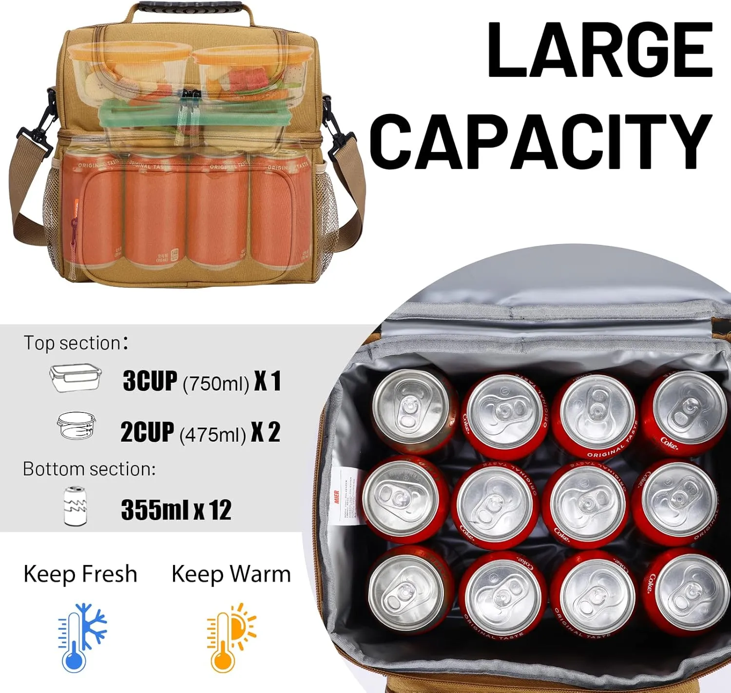MIER Mens Insulated Lunch Box, Dual Compartment Large Lunch Bag Coolers with Shoulder Strap for Men Women Adult to Office Work, Picnic, Travel, Outdoors, Khaki