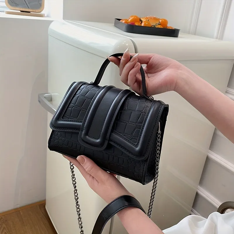Mini Crocodile Embossed Handbags, Trendy Chain Crossbody Bag, Women's Solid Color Square Purses (18.01*8.0*19.0cm)