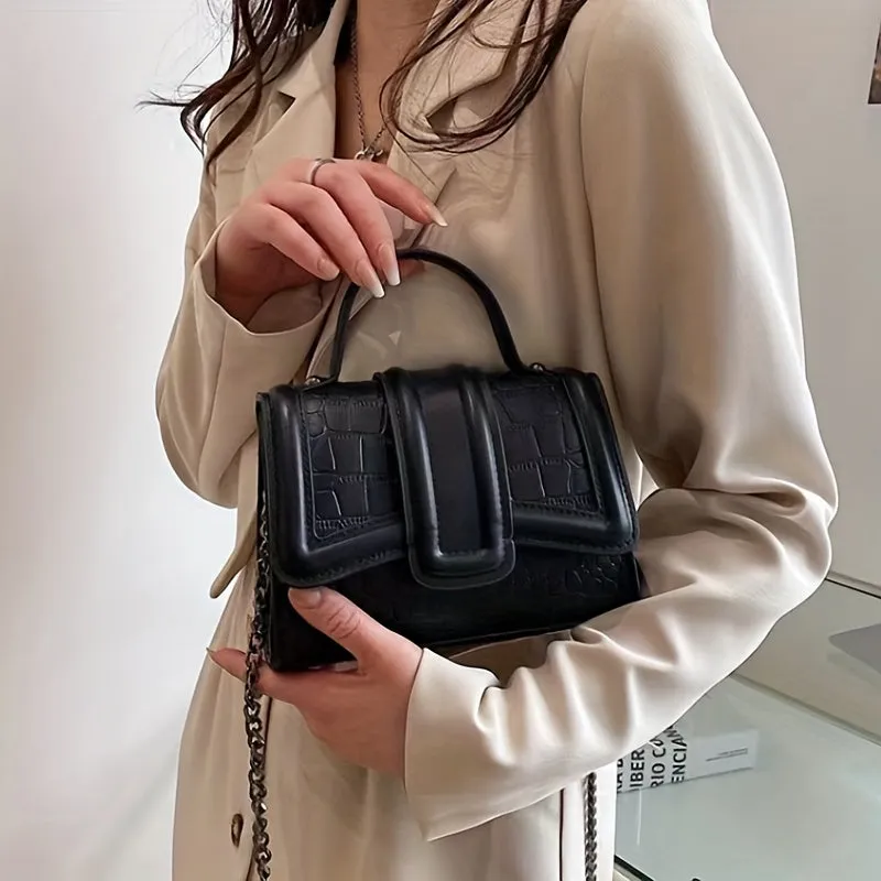 Mini Crocodile Embossed Handbags, Trendy Chain Crossbody Bag, Women's Solid Color Square Purses (18.01*8.0*19.0cm)