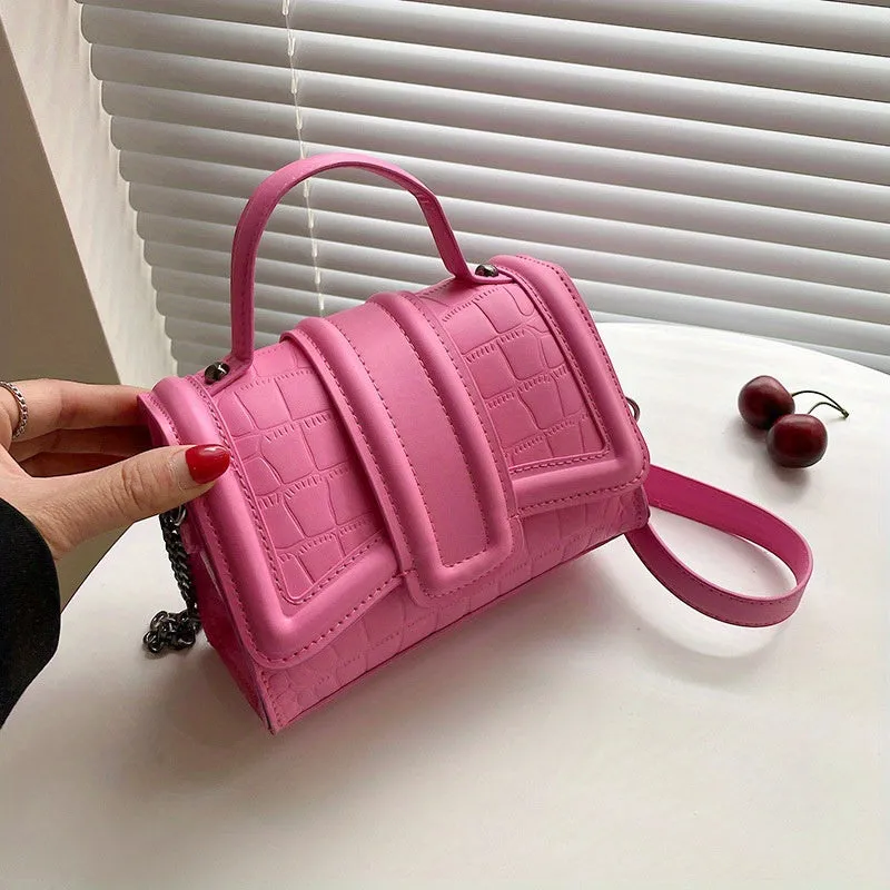 Mini Crocodile Embossed Handbags, Trendy Chain Crossbody Bag, Women's Solid Color Square Purses (18.01*8.0*19.0cm)