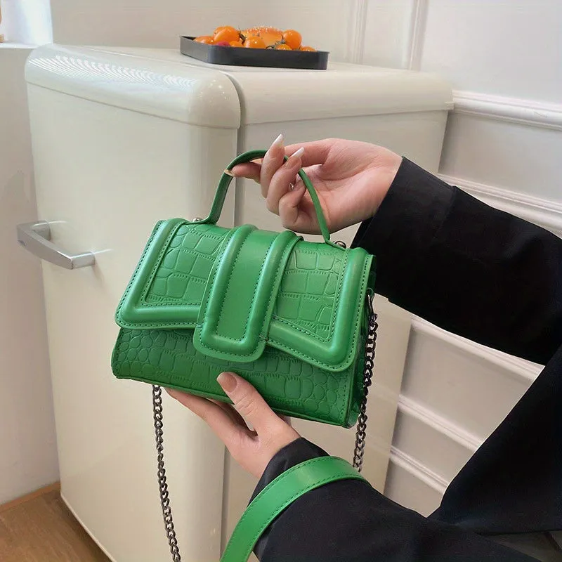 Mini Crocodile Embossed Handbags, Trendy Chain Crossbody Bag, Women's Solid Color Square Purses (18.01*8.0*19.0cm)