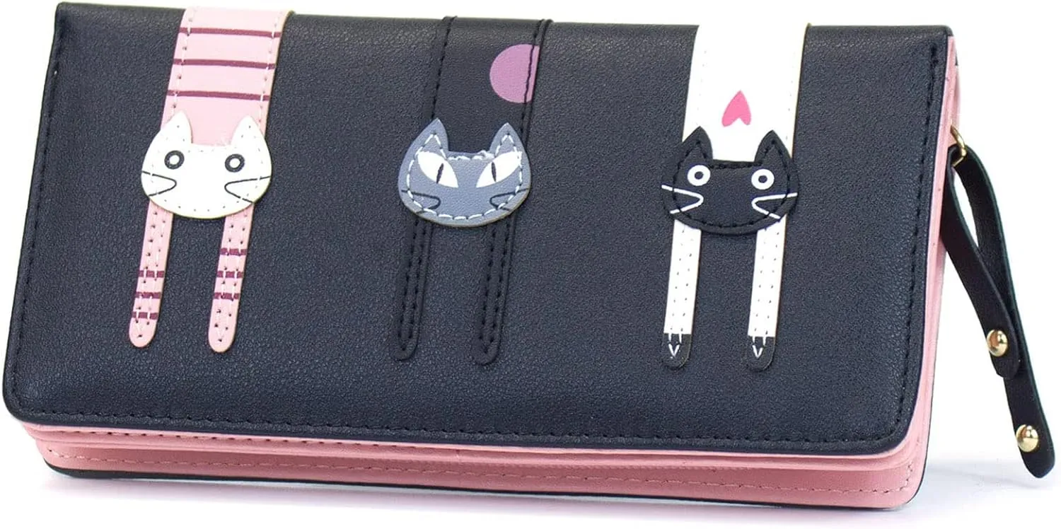 Mini Faux Leather Bifold Cute 3 Cat Zipper Clutch Wallet Handbag for Women Girls