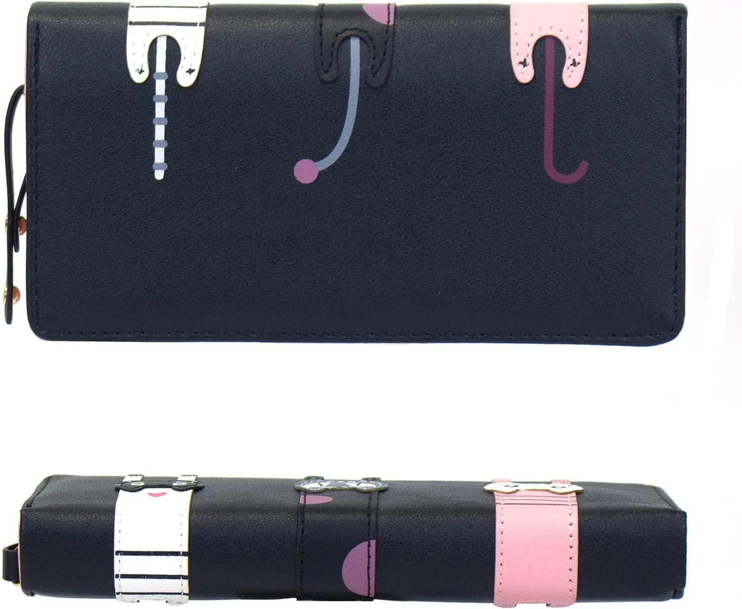 Mini Faux Leather Bifold Cute 3 Cat Zipper Clutch Wallet Handbag for Women Girls