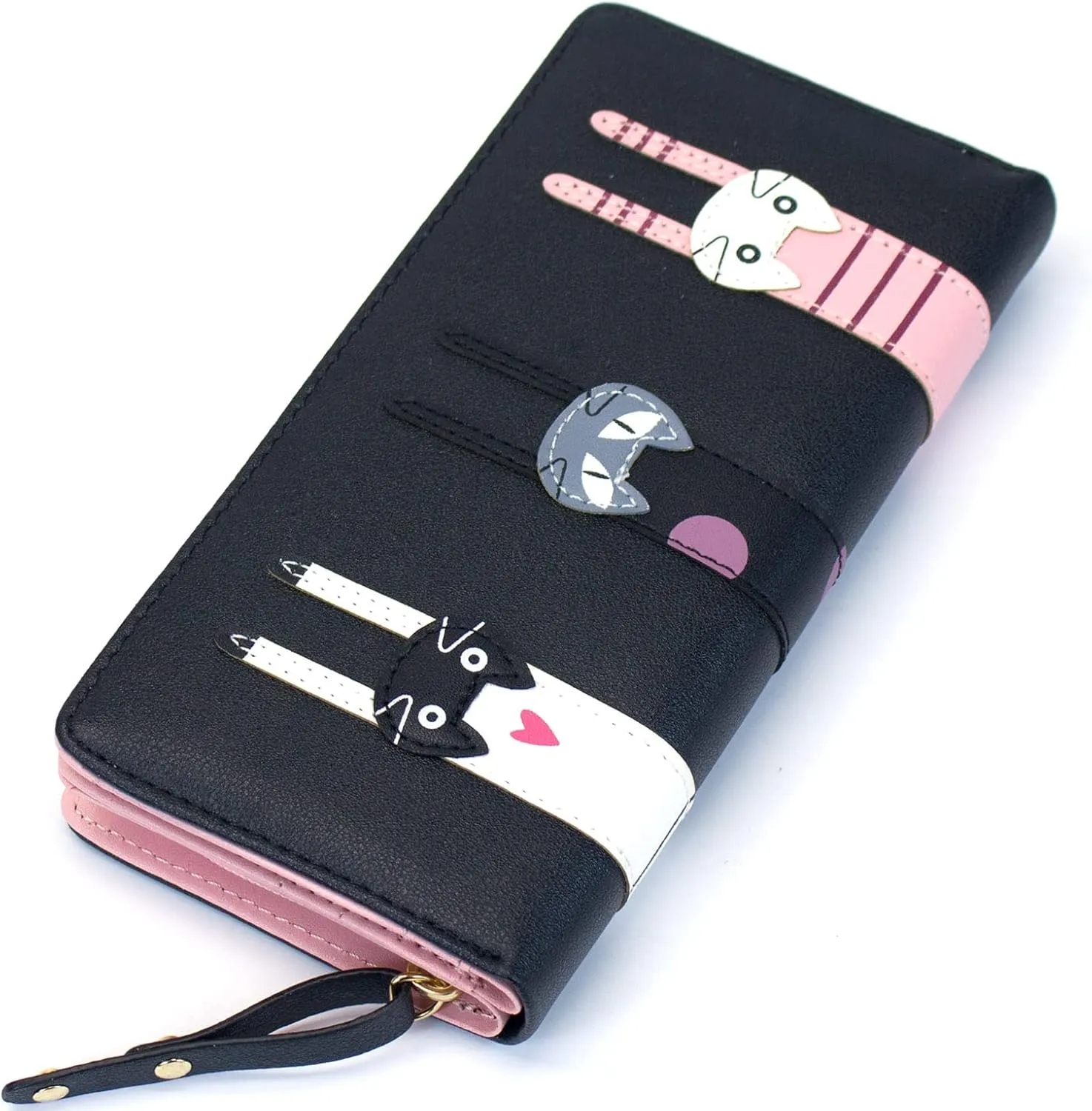 Mini Faux Leather Bifold Cute 3 Cat Zipper Clutch Wallet Handbag for Women Girls