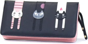 Mini Faux Leather Bifold Cute 3 Cat Zipper Clutch Wallet Handbag for Women Girls