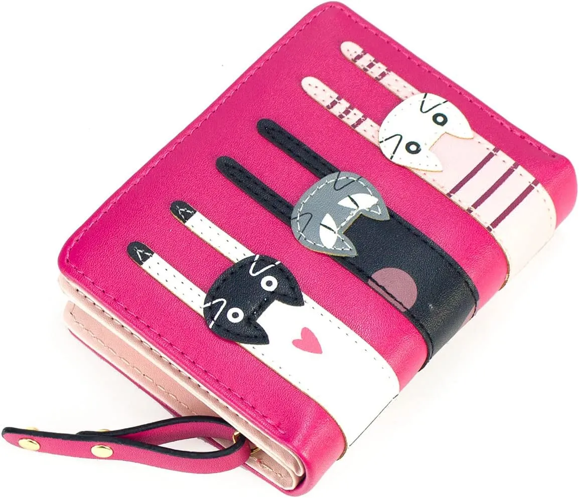 Mini Faux Leather Bifold Cute 3 Cat Zipper Clutch Wallet Handbag for Women Girls
