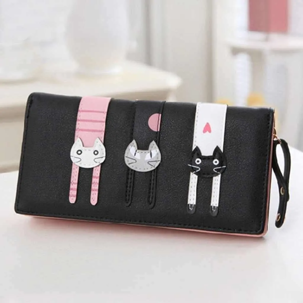Mini Faux Leather Bifold Cute 3 Cat Zipper Clutch Wallet Handbag for Women Girls