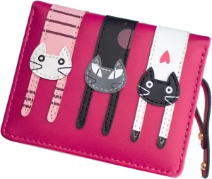Mini Faux Leather Bifold Cute 3 Cat Zipper Clutch Wallet Handbag for Women Girls