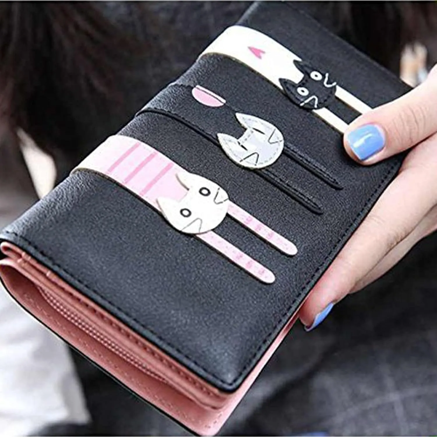 Mini Faux Leather Bifold Cute 3 Cat Zipper Clutch Wallet Handbag for Women Girls
