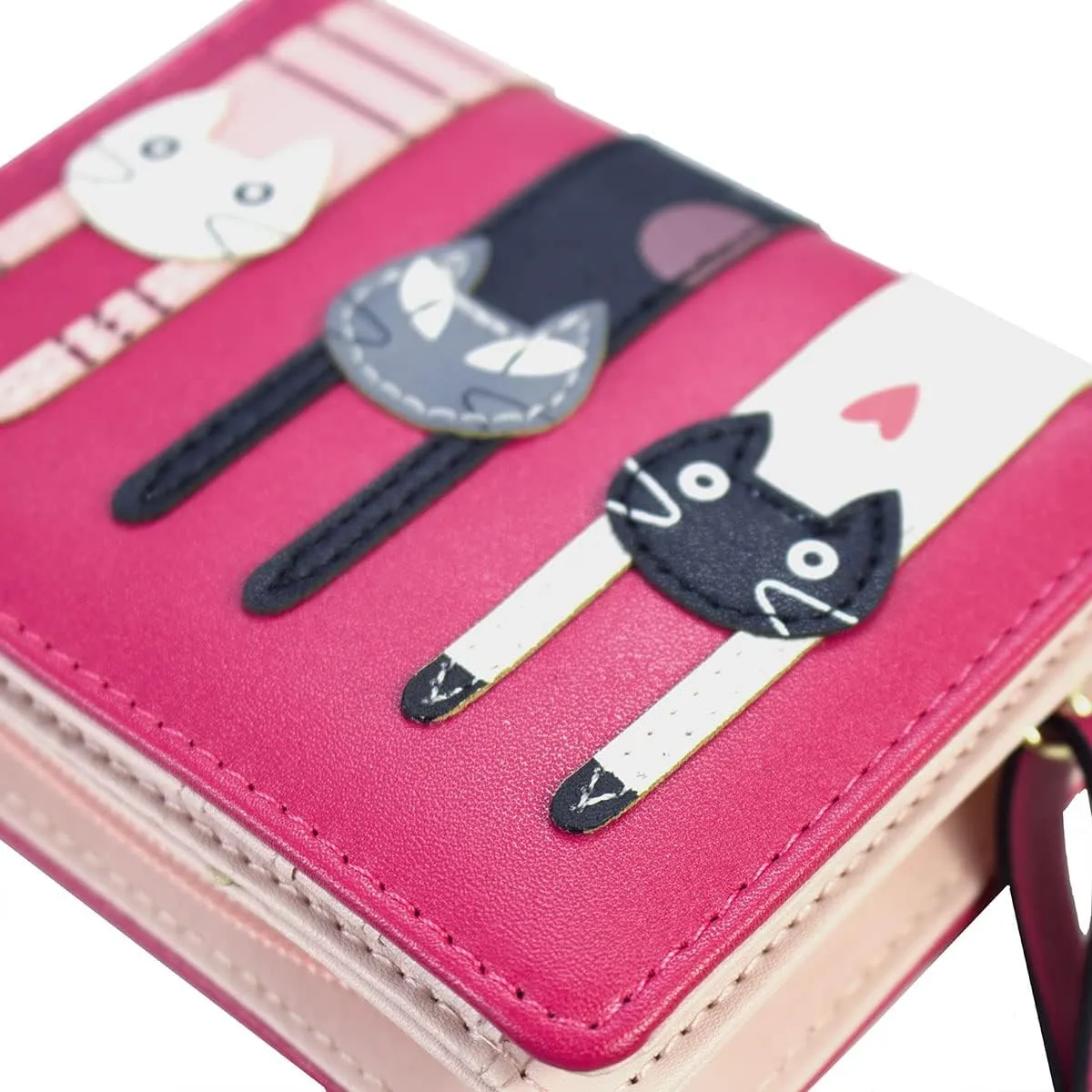 Mini Faux Leather Bifold Cute 3 Cat Zipper Clutch Wallet Handbag for Women Girls