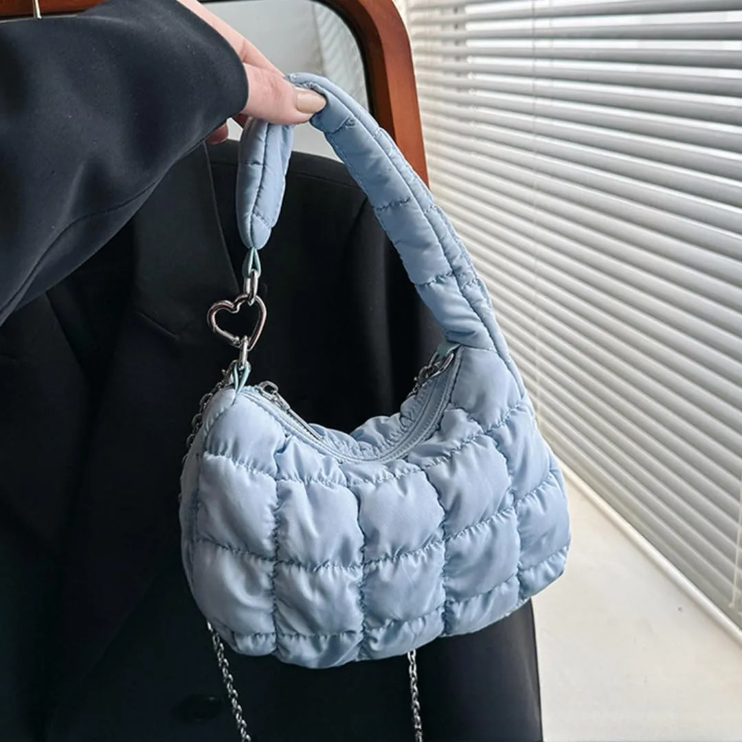 Mini Puffer Tote Bag for Women Quilted Carryall Bag Puffy Purse Puffer Crossbody Bag Shoulder Bag Nylon Crescent Bag