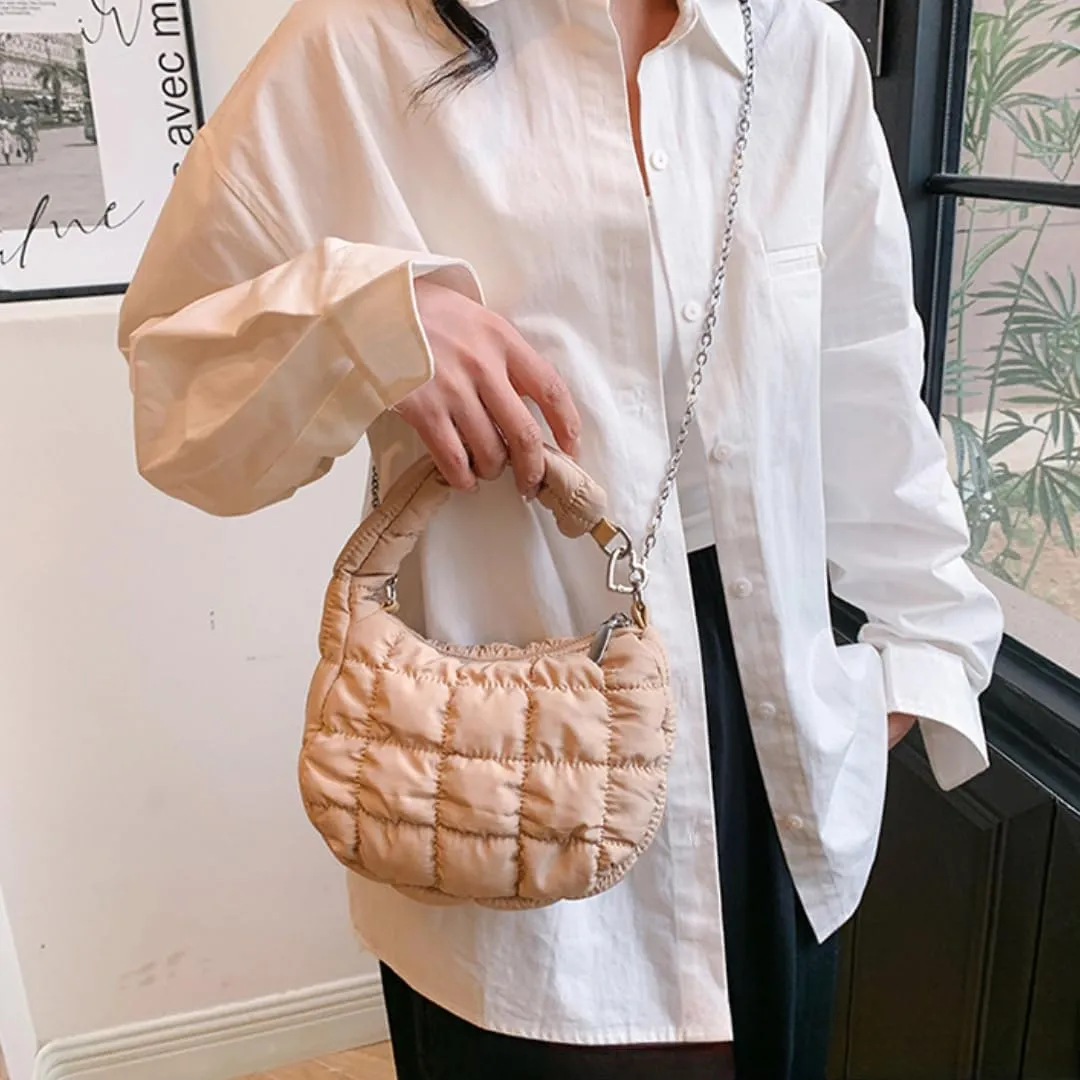 Mini Puffer Tote Bag for Women Quilted Carryall Bag Puffy Purse Puffer Crossbody Bag Shoulder Bag Nylon Crescent Bag