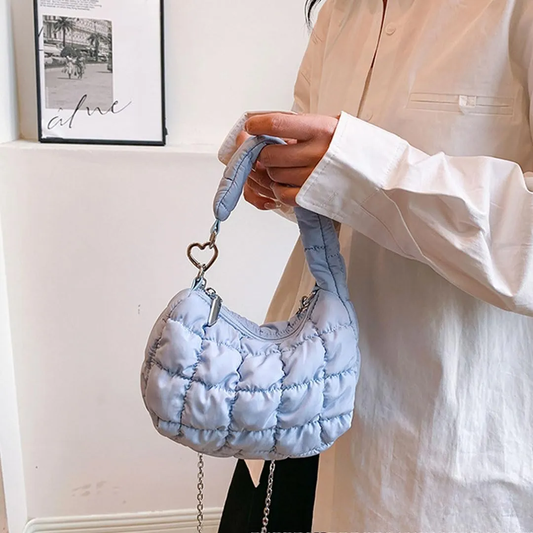 Mini Puffer Tote Bag for Women Quilted Carryall Bag Puffy Purse Puffer Crossbody Bag Shoulder Bag Nylon Crescent Bag