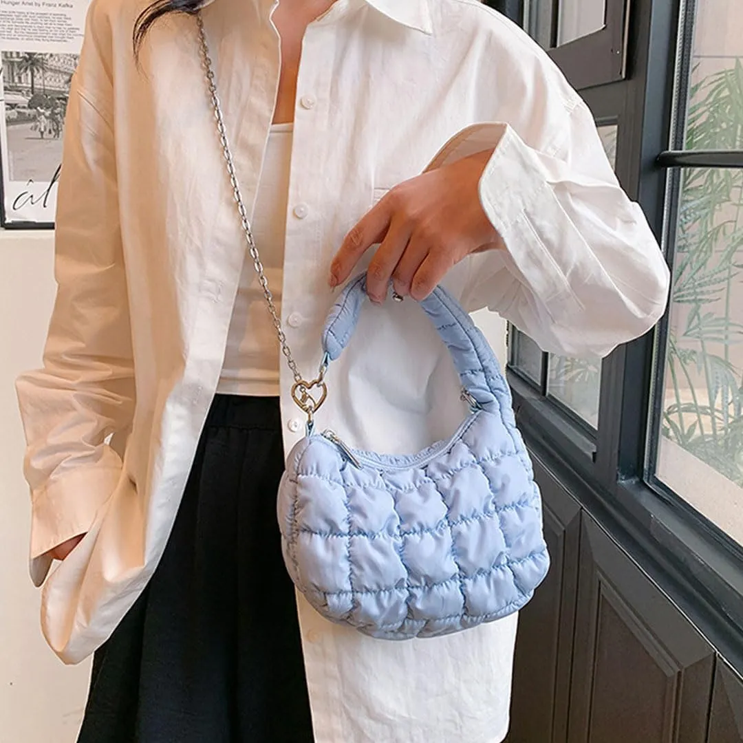 Mini Puffer Tote Bag for Women Quilted Carryall Bag Puffy Purse Puffer Crossbody Bag Shoulder Bag Nylon Crescent Bag