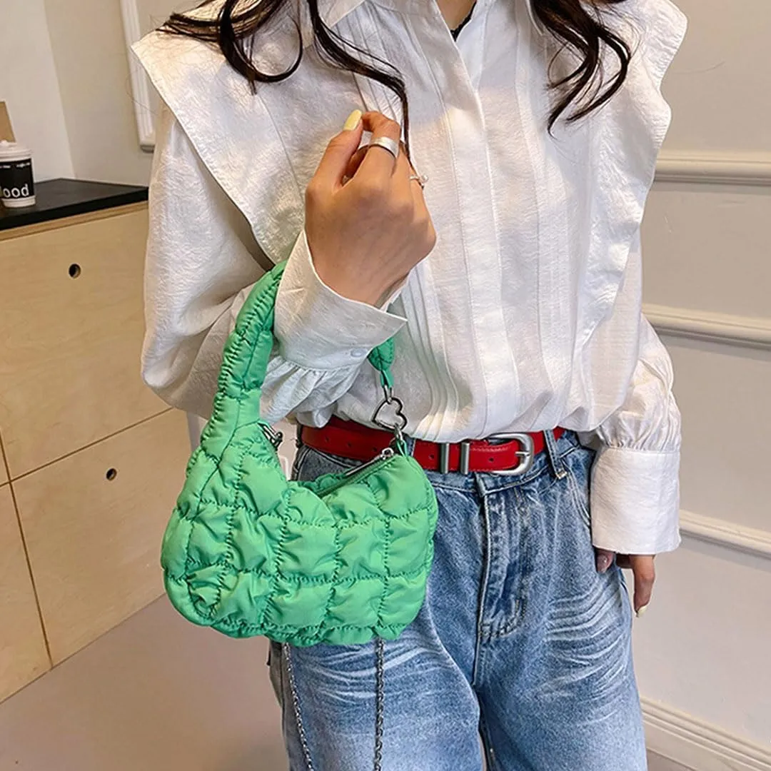 Mini Puffer Tote Bag for Women Quilted Carryall Bag Puffy Purse Puffer Crossbody Bag Shoulder Bag Nylon Crescent Bag