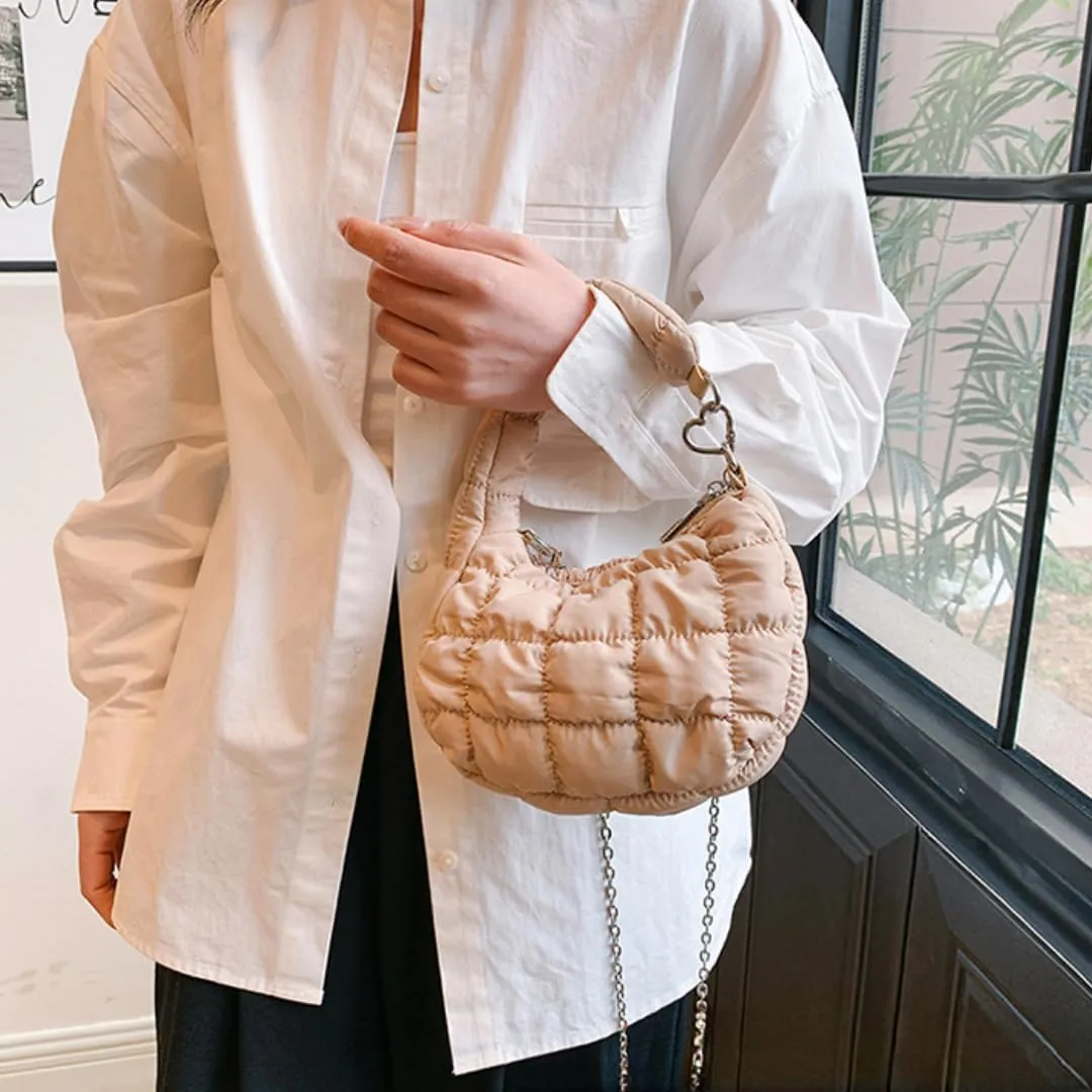 Mini Puffer Tote Bag for Women Quilted Carryall Bag Puffy Purse Puffer Crossbody Bag Shoulder Bag Nylon Crescent Bag