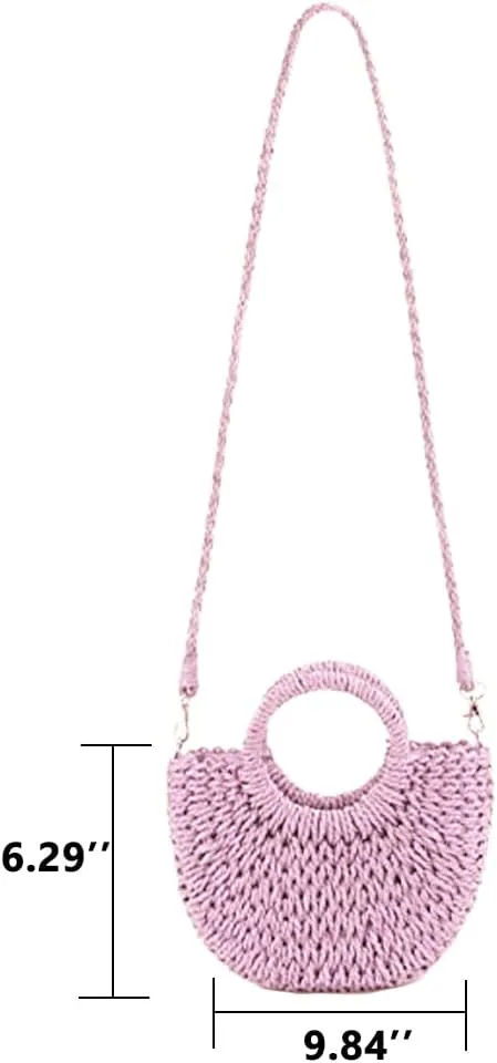 Mini Semi-circle Rattan Straw Bag, Hand-woven Women Summer Retro Beach Tote Shoulder Bag Crossbody Travel Beach Bag