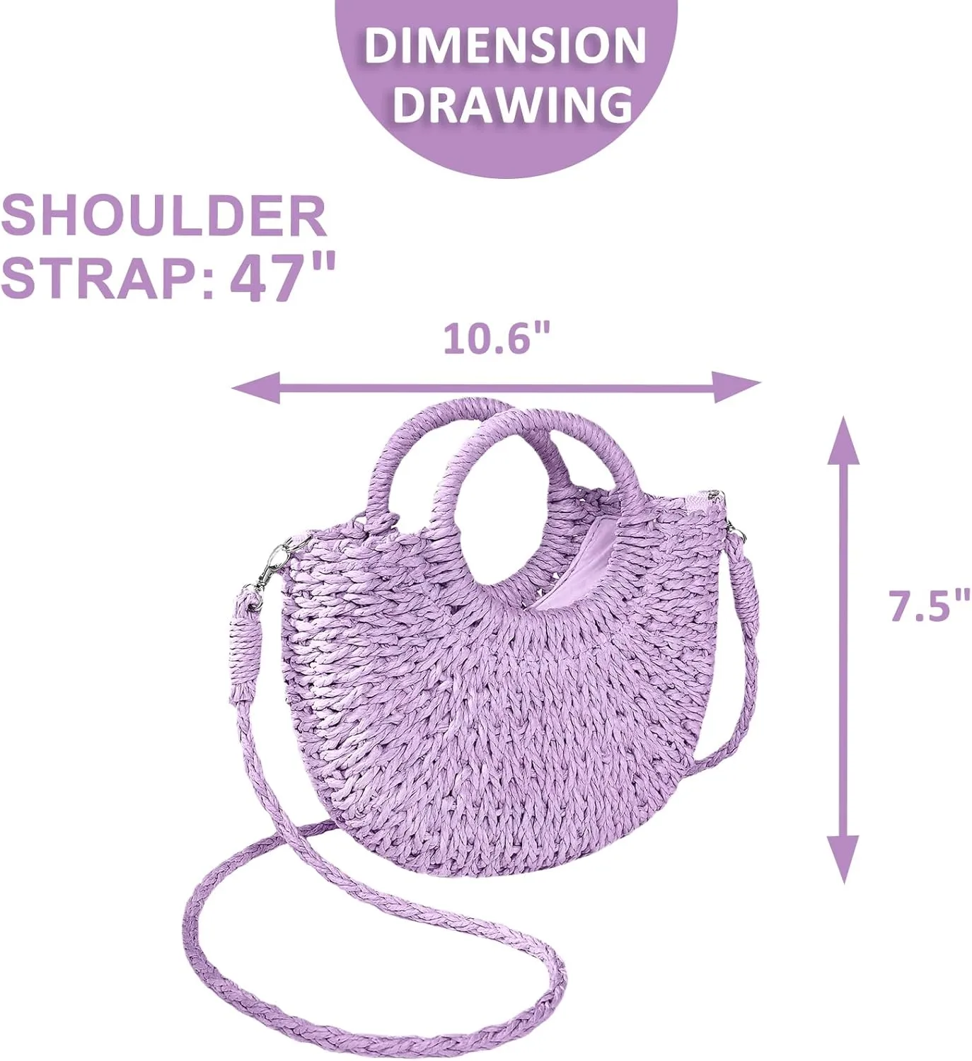 Mini Semi-circle Rattan Straw Bag, Hand-woven Women Summer Retro Beach Tote Shoulder Bag Crossbody Travel Beach Bag