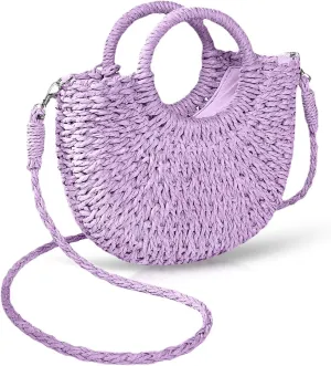 Mini Semi-circle Rattan Straw Bag, Hand-woven Women Summer Retro Beach Tote Shoulder Bag Crossbody Travel Beach Bag