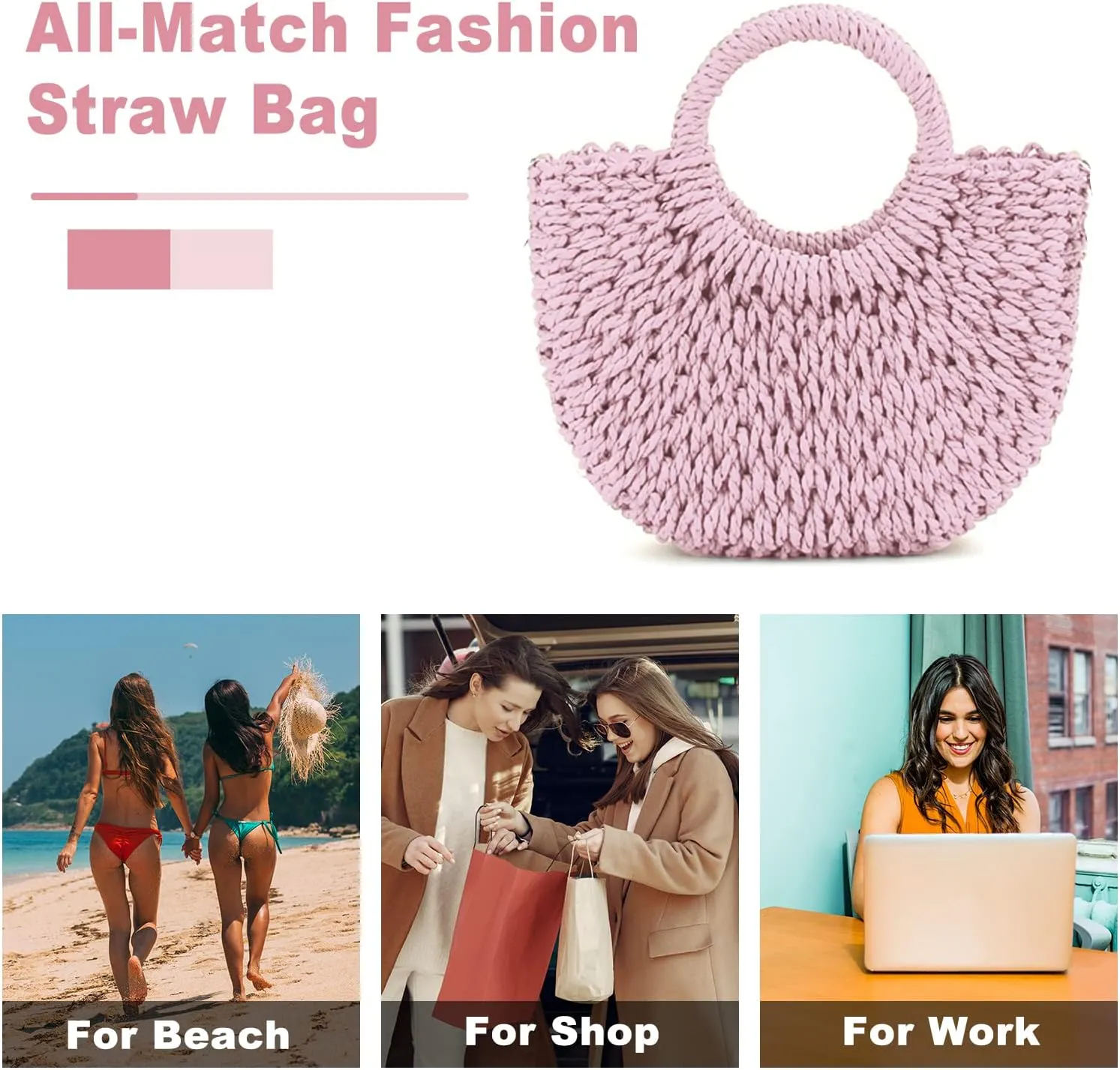Mini Semi-circle Rattan Straw Bag, Hand-woven Women Summer Retro Beach Tote Shoulder Bag Crossbody Travel Beach Bag