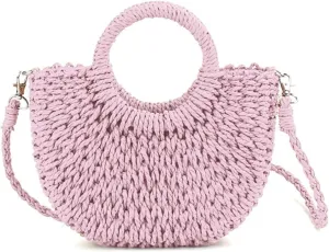 Mini Semi-circle Rattan Straw Bag, Hand-woven Women Summer Retro Beach Tote Shoulder Bag Crossbody Travel Beach Bag