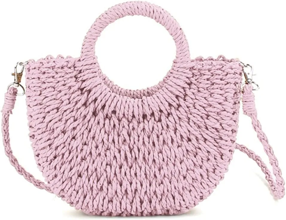 Mini Semi-circle Rattan Straw Bag, Hand-woven Women Summer Retro Beach Tote Shoulder Bag Crossbody Travel Beach Bag