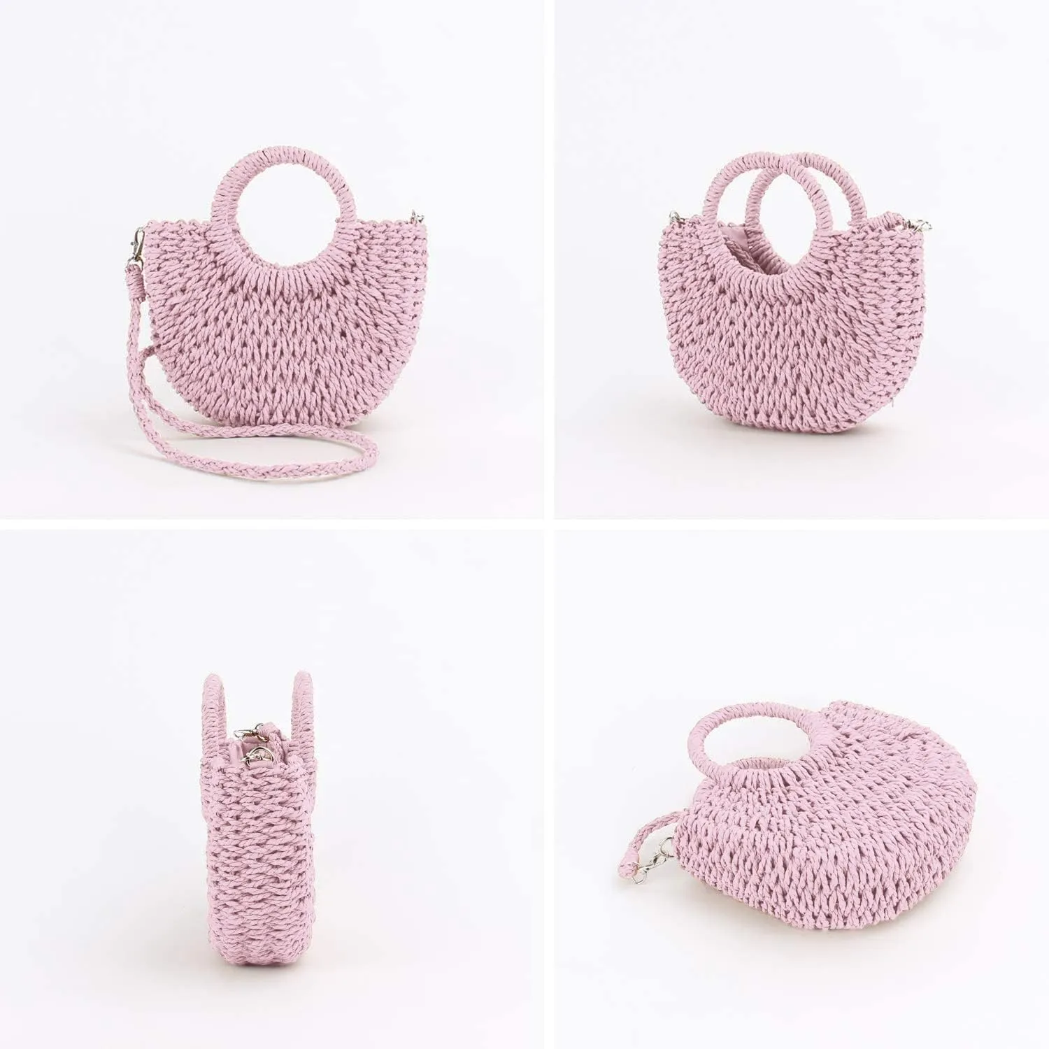 Mini Semi-circle Rattan Straw Bag, Hand-woven Women Summer Retro Beach Tote Shoulder Bag Crossbody Travel Beach Bag