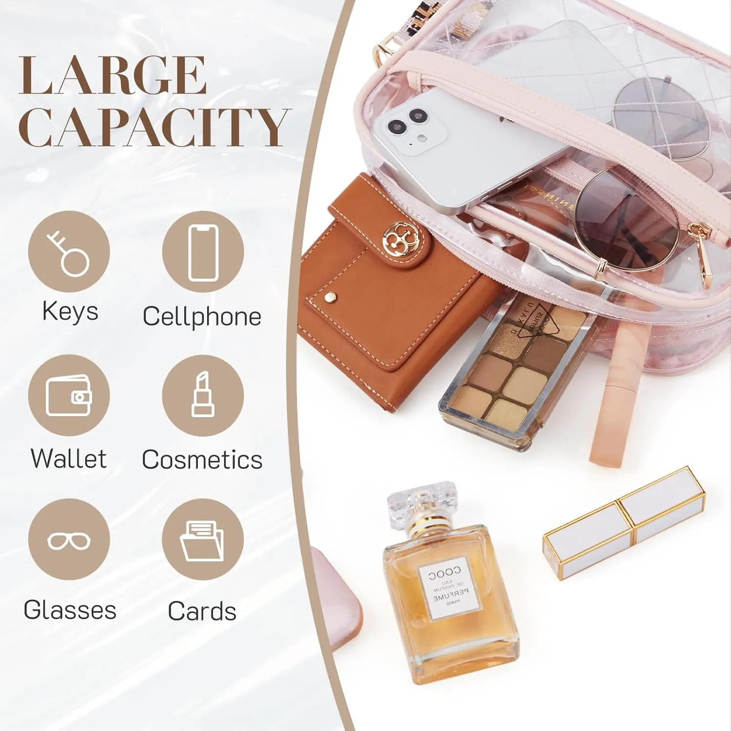 Missnine Clear Bag for Stadium Events Quilted Clear Purse for Women Stadium Approved PVC Crossbody Concert Bag