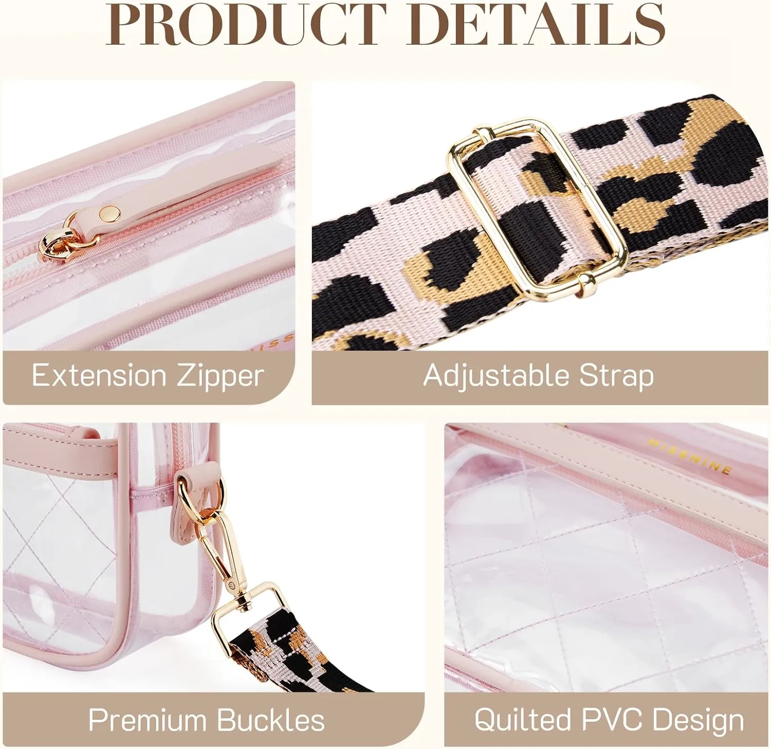 Missnine Clear Bag for Stadium Events Quilted Clear Purse for Women Stadium Approved PVC Crossbody Concert Bag