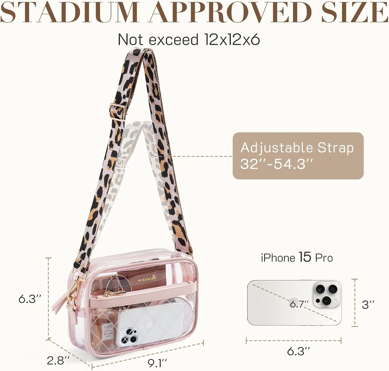 Missnine Clear Bag for Stadium Events Quilted Clear Purse for Women Stadium Approved PVC Crossbody Concert Bag