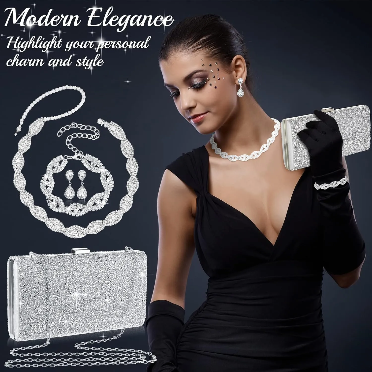Mixweer 4 Pieces Clutch Purses Bag for Women Evening Rhinestone Jewelry Set Bling Necklace Earrings Bracelets Set for Wedding