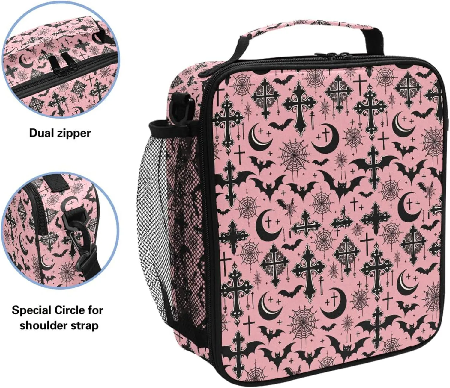MNSRUU Lunch Bags for Boys Girls, Black Gothic Moon Spider Webs and Bats Reusable Insulated Lunch Box Thermal Meal Tote Kit, Lunch Cooler Bag Organizer with Adjustable Shoulder Strap