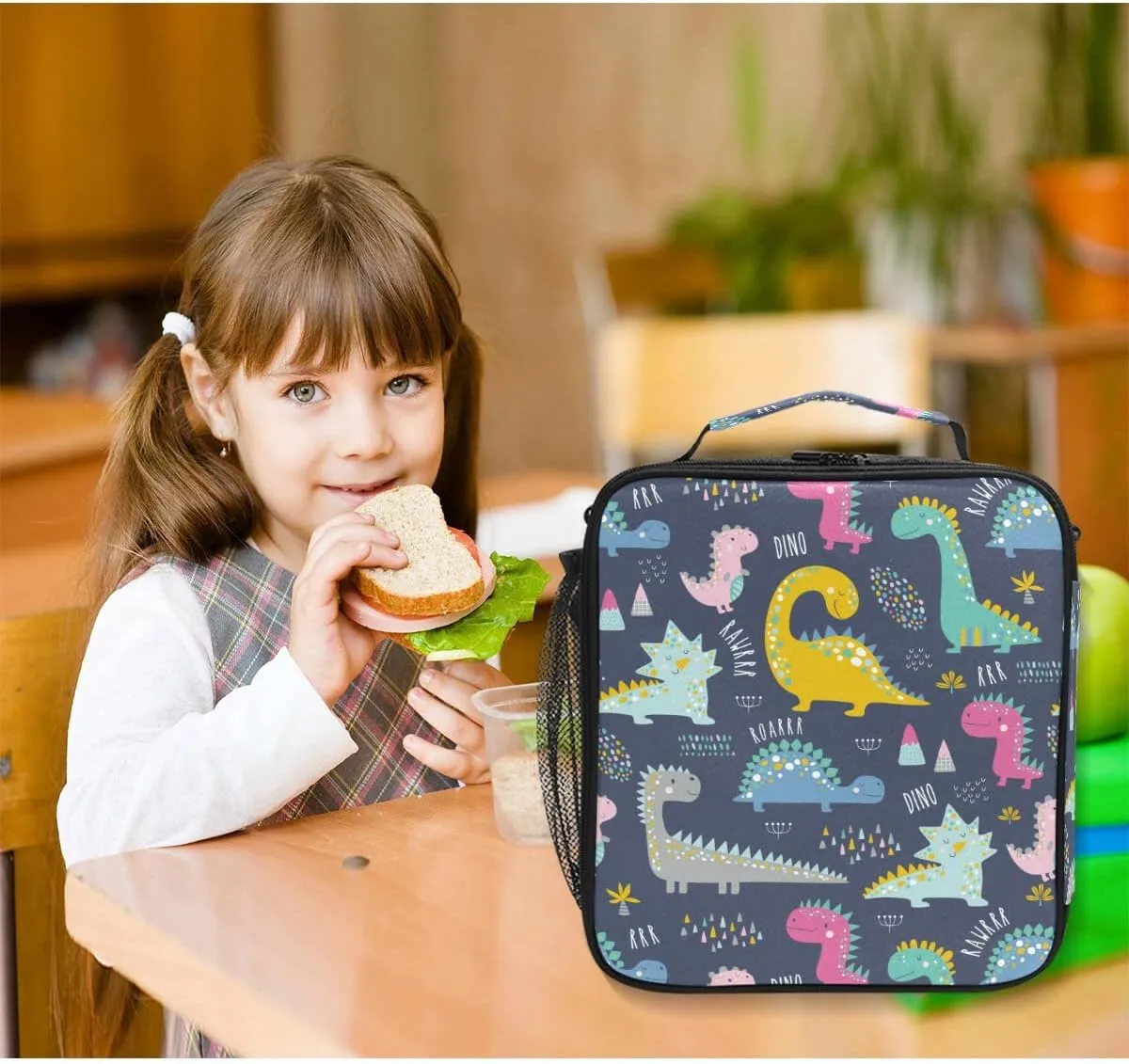 MNSRUU Lunch Bags for Boys Girls Student, Cute Funny Dinosaurs Reusable Insulated Lunch Cooler Bag Organizer Thermal Meal Tote Kit, Lunch Box with Adjustable Shoulder Strap