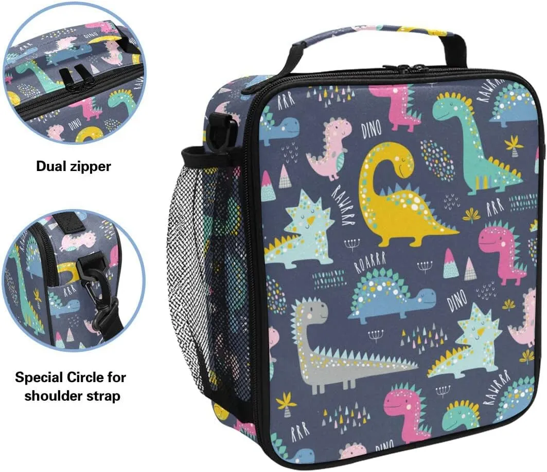 MNSRUU Lunch Bags for Boys Girls Student, Cute Funny Dinosaurs Reusable Insulated Lunch Cooler Bag Organizer Thermal Meal Tote Kit, Lunch Box with Adjustable Shoulder Strap