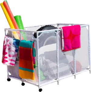 Modern Blue Pool Storage Bin - XX-Large | Nylon Mesh Basket Organizer For Your Goggles, Beach Balls, Floats, Swim Toys & Accessories | Air Dry Quickly & Easily Roll To Your Home Garage or Shed, White