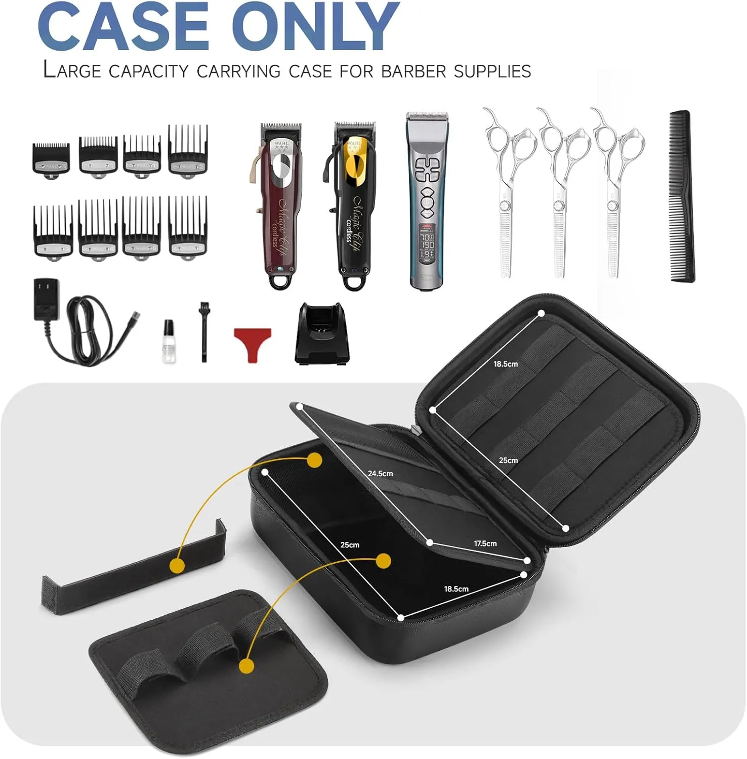 MOSLA Hard Barber Accessories Case for Hair Clippers, Mens Hair Cutting Barber Supplies Holder, Trimmer Organizer Storage Bag for Hair Cutting, Guard Grooming Kit (PU Black)