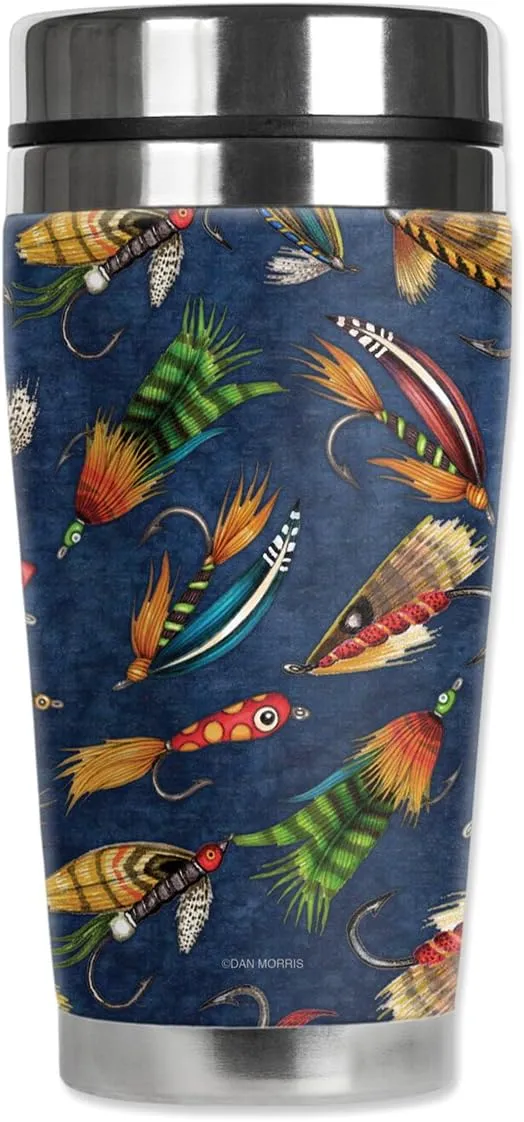 Mugzie "Fly Fishing Lures" Stainless Steel Travel Mug with Insulated Wetsuit Cover, 20 oz, Black