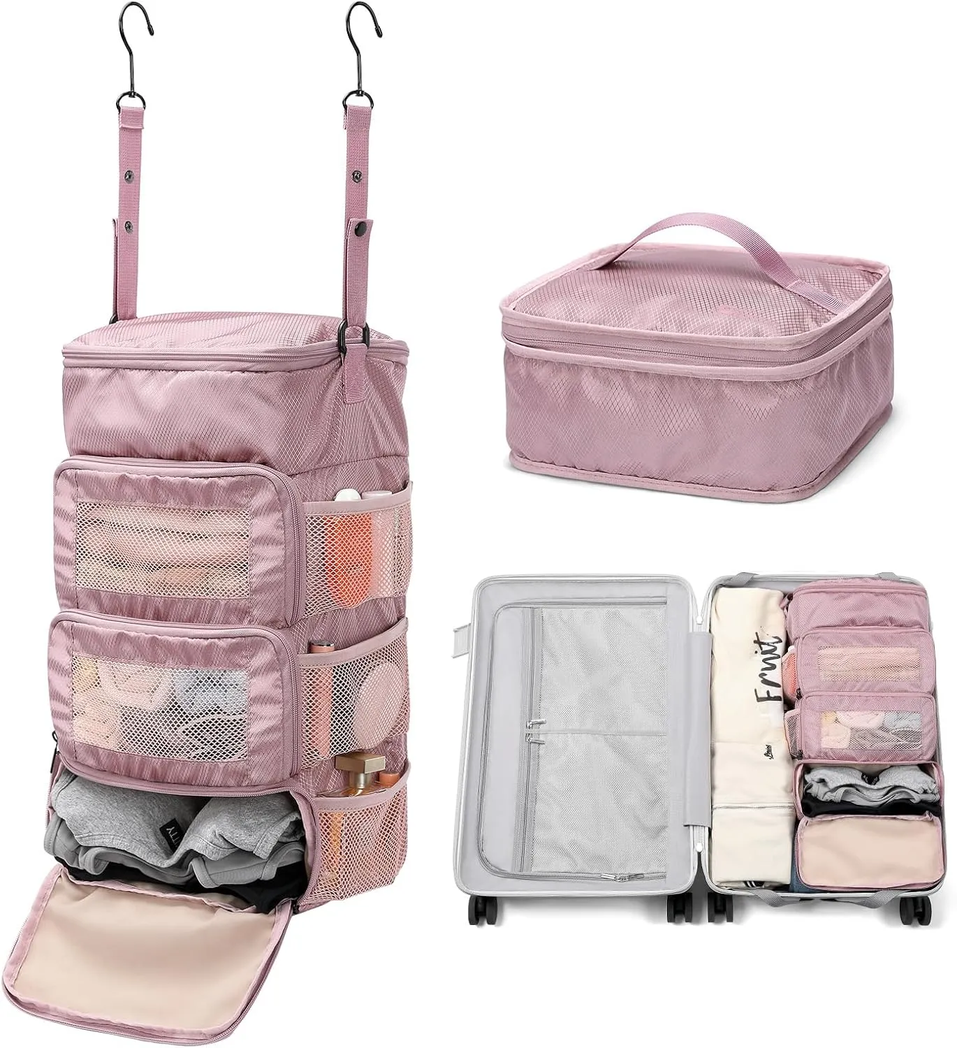 Multi-layer storage bag Casual simple Luggage Packing Organizer with Hook,Clothing Underwear Bag,Carry On Closet,Purple pink