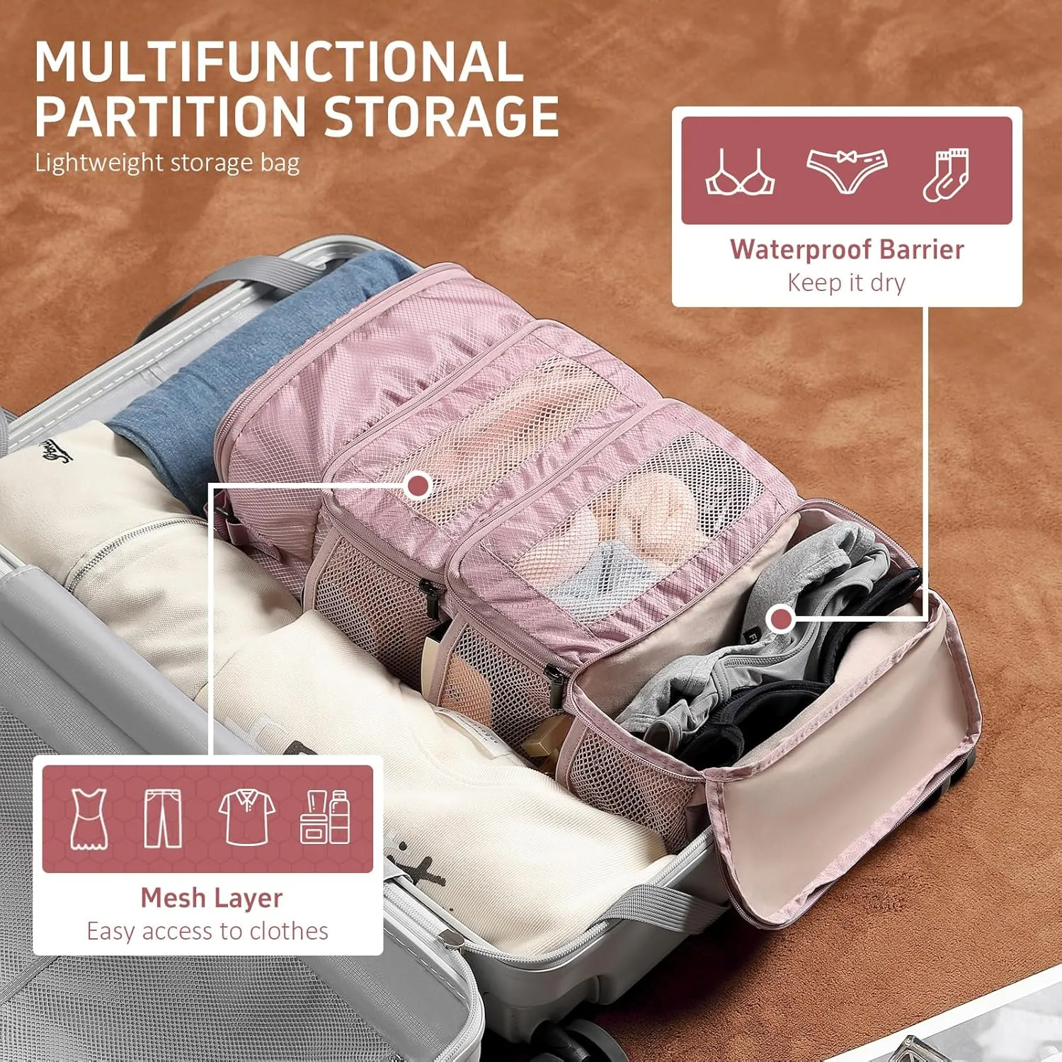 Multi-layer storage bag Casual simple Luggage Packing Organizer with Hook,Clothing Underwear Bag,Carry On Closet,Purple pink