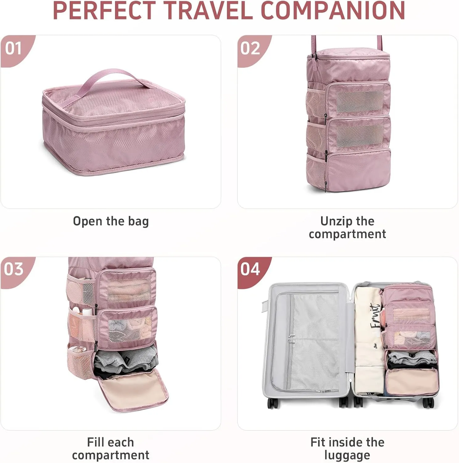 Multi-layer storage bag Casual simple Luggage Packing Organizer with Hook,Clothing Underwear Bag,Carry On Closet,Purple pink
