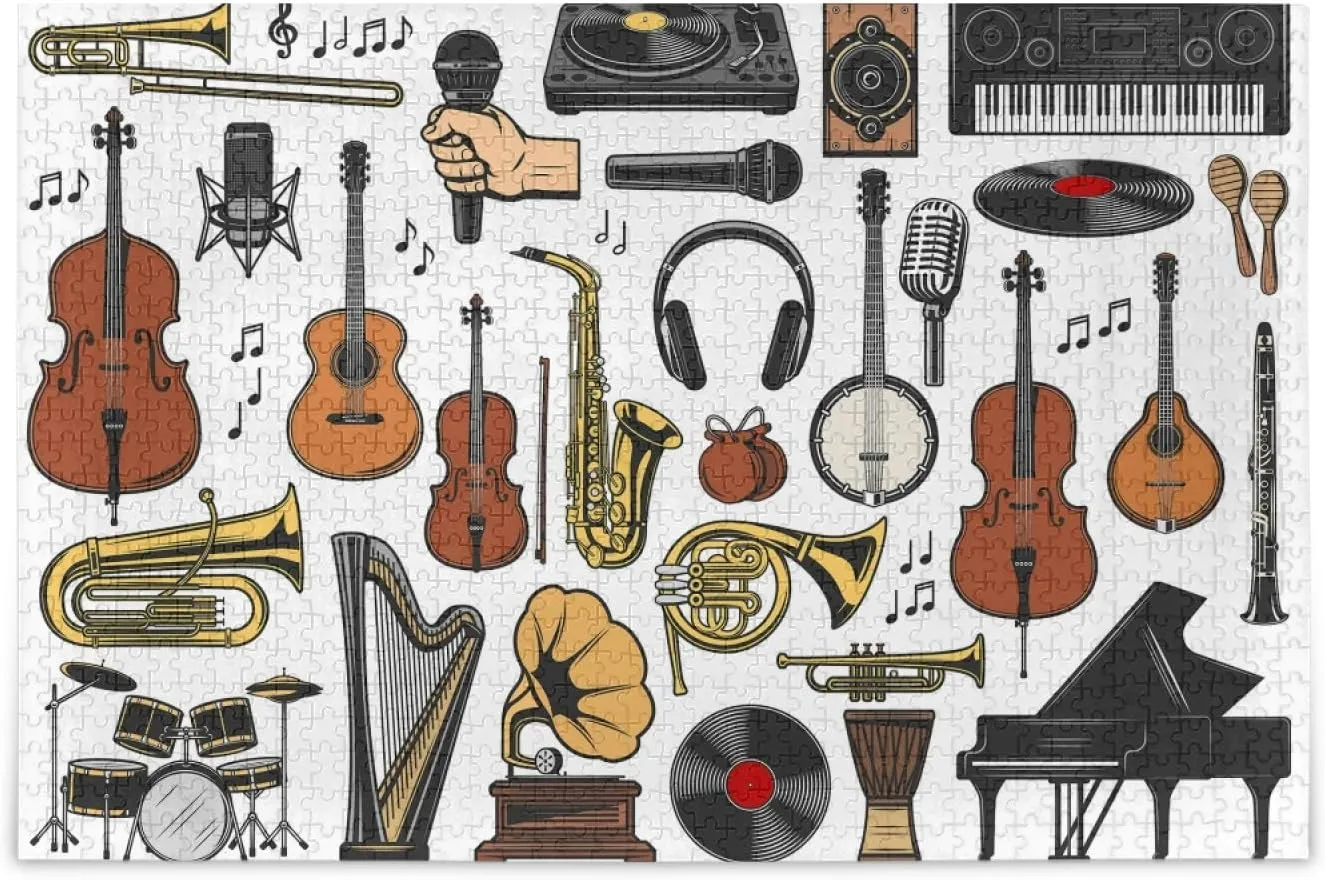 Musical Instruments Guitar Drum Jigsaw Puzzles 500 Pieces Adult Kids Teens Piece Puzzle Leisure Game Toy Home Decor DIY Educational Gift with Mesh Storage Bag