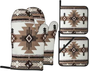 Native American Print Convenient Oven Mitts Pot Holders Set Duty Heat Resistant Gloves with Quilted Liner