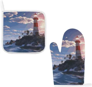 Navigation Lighthouse Oven Mitts and Pot Holders 2 Set, Heat Resistant Kitchen Glove with Quilted Liner, Non-Slip Oven Gloves for Baking Cooking