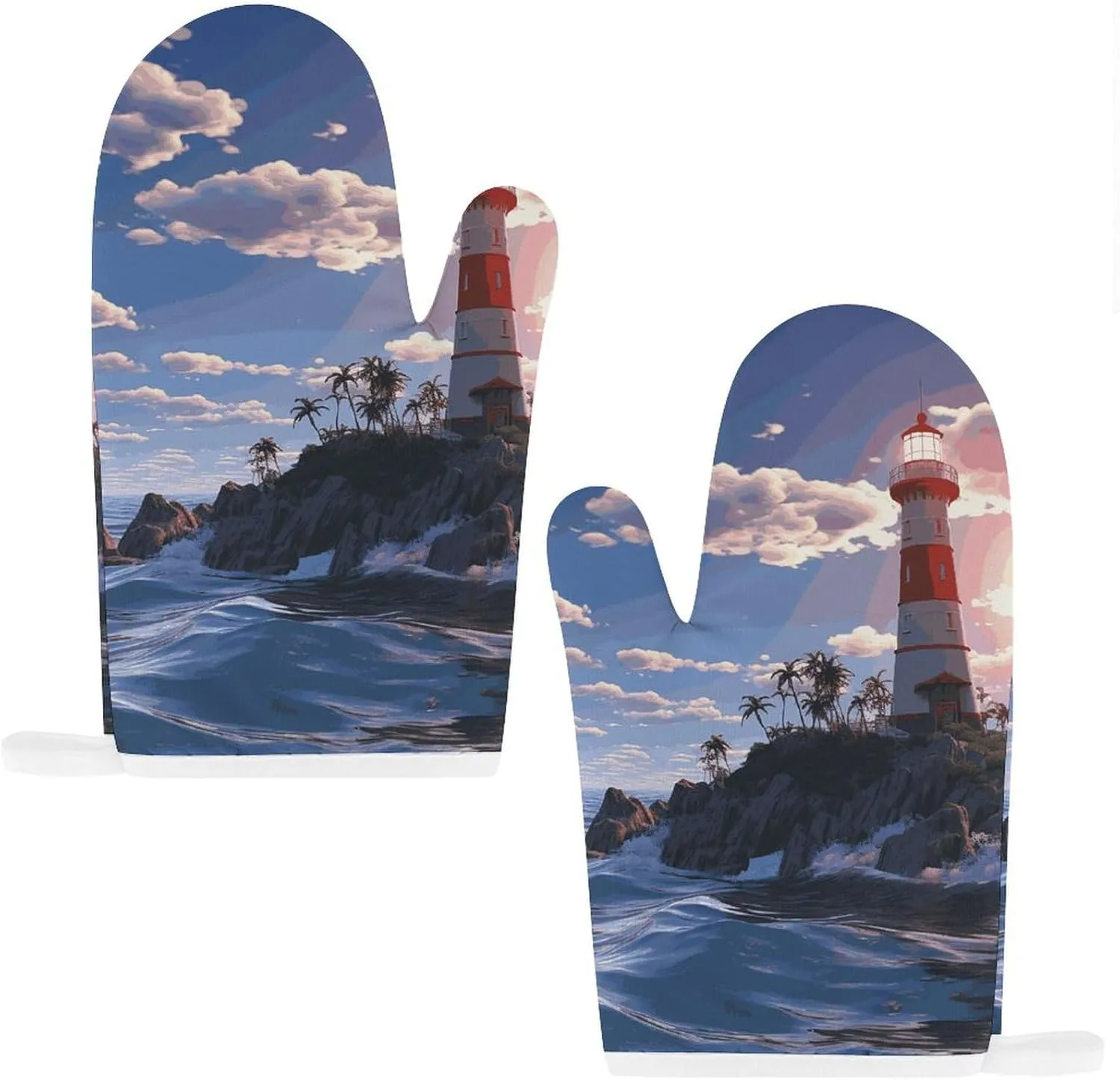 Navigation Lighthouse Oven Mitts and Pot Holders 2 Set, Heat Resistant Kitchen Glove with Quilted Liner, Non-Slip Oven Gloves for Baking Cooking
