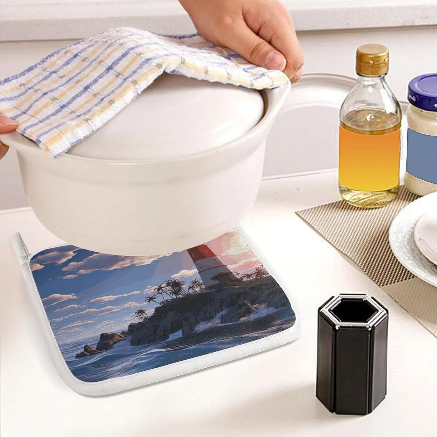 Navigation Lighthouse Oven Mitts and Pot Holders 2 Set, Heat Resistant Kitchen Glove with Quilted Liner, Non-Slip Oven Gloves for Baking Cooking
