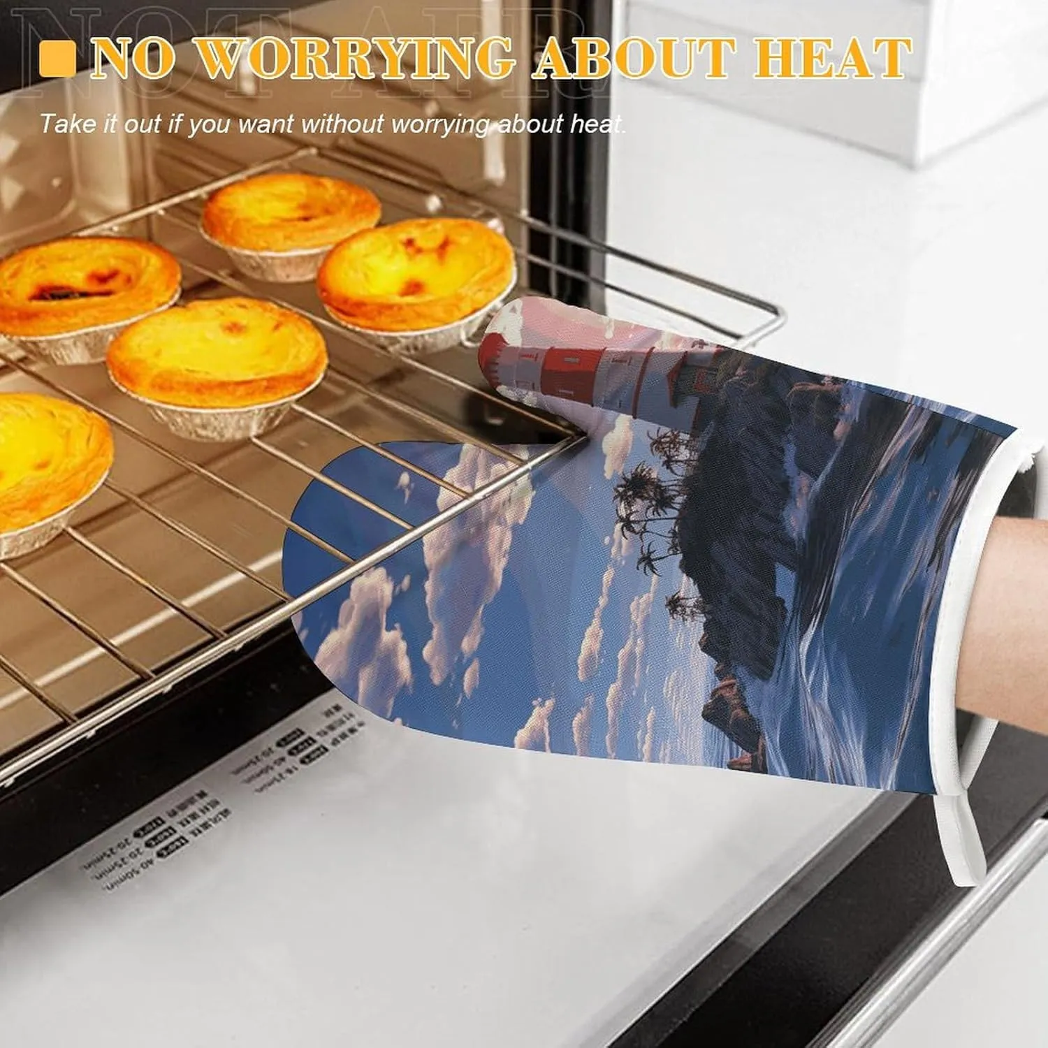 Navigation Lighthouse Oven Mitts and Pot Holders 2 Set, Heat Resistant Kitchen Glove with Quilted Liner, Non-Slip Oven Gloves for Baking Cooking