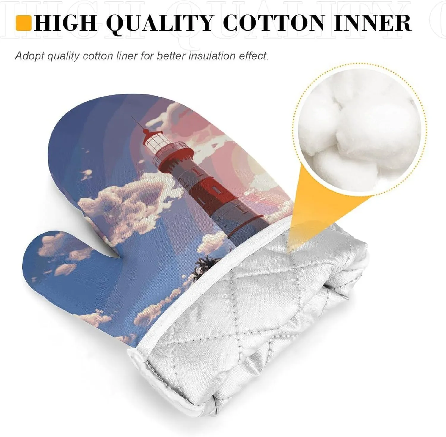 Navigation Lighthouse Oven Mitts and Pot Holders 2 Set, Heat Resistant Kitchen Glove with Quilted Liner, Non-Slip Oven Gloves for Baking Cooking
