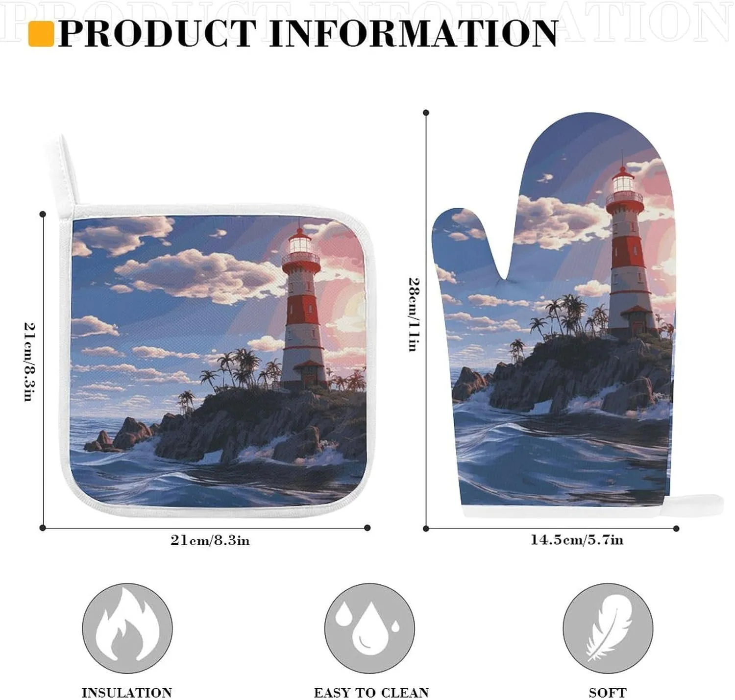 Navigation Lighthouse Oven Mitts and Pot Holders 2 Set, Heat Resistant Kitchen Glove with Quilted Liner, Non-Slip Oven Gloves for Baking Cooking