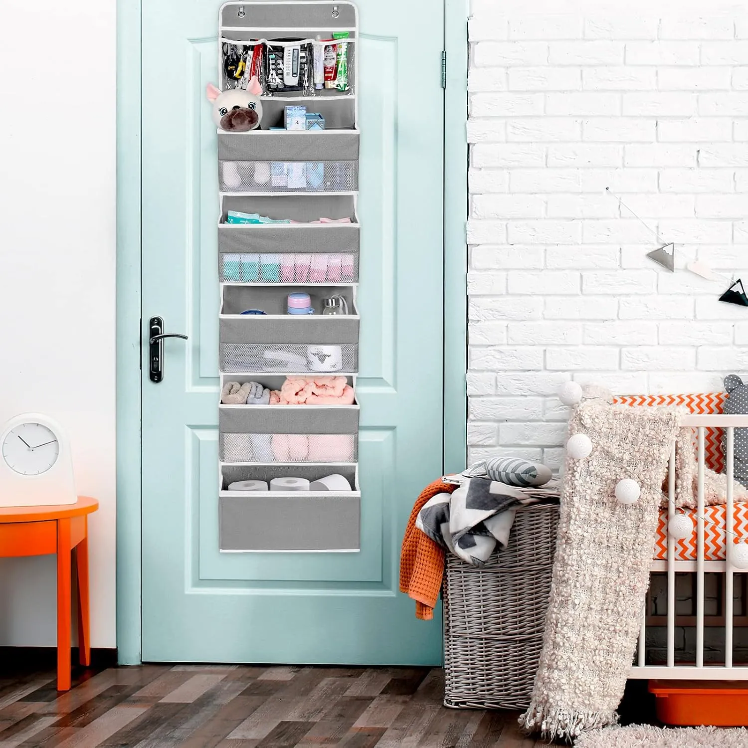 NesTidy Over The Door Organizer Storage 6 Layers, Wall Mount Hanging Organizer with 5 Large Pocket Organizers and 3 Small Pockets for Baby Essentials, Toys, Cosmetics, and Sundries (Grey, 1 Pack)